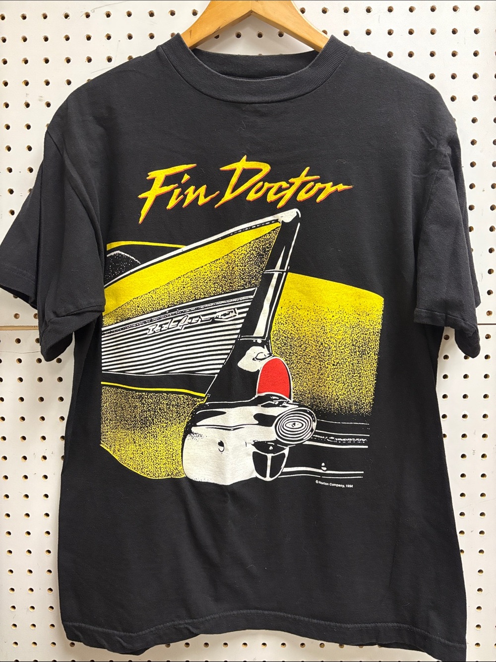 Vintage Black "Fin Doctor" Graphic Tee with Yellow and Red Accents